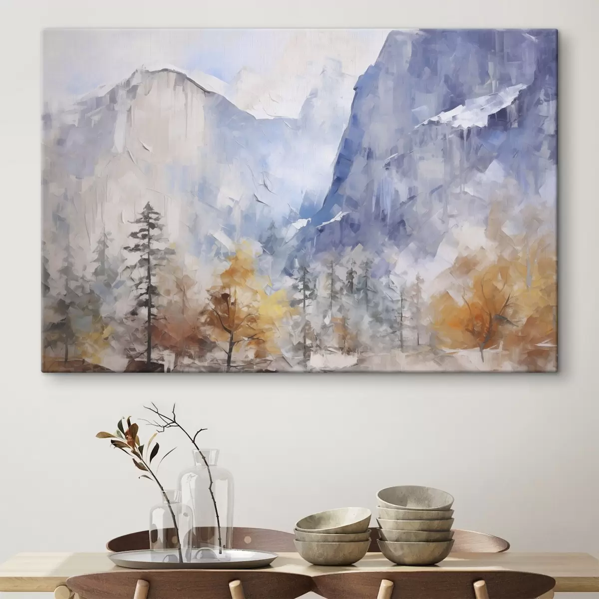  Peintures Paysage abstrait d'une forêt devant des montagnes s46298