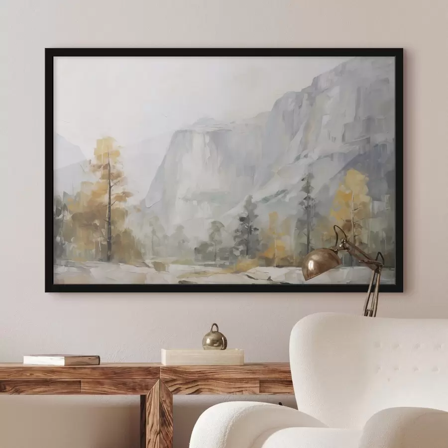 Papier peint photo Paysage d'une forêt devant des montagnes, imitation d'une peinture f46299