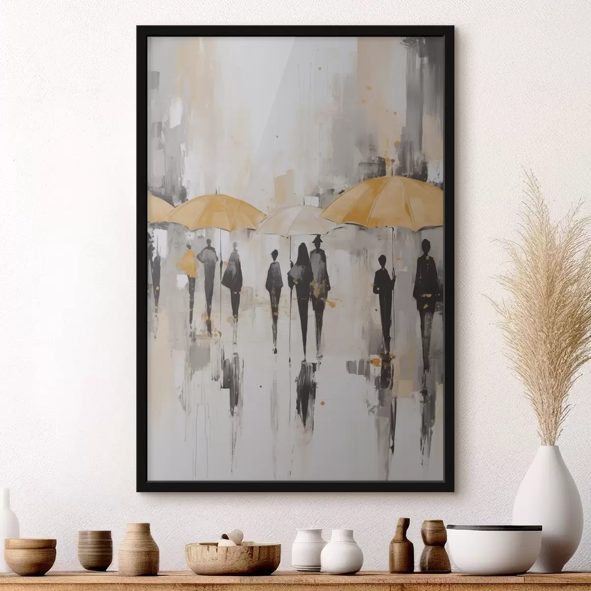 Poster Abstractie van mensen met paraplu's f46304