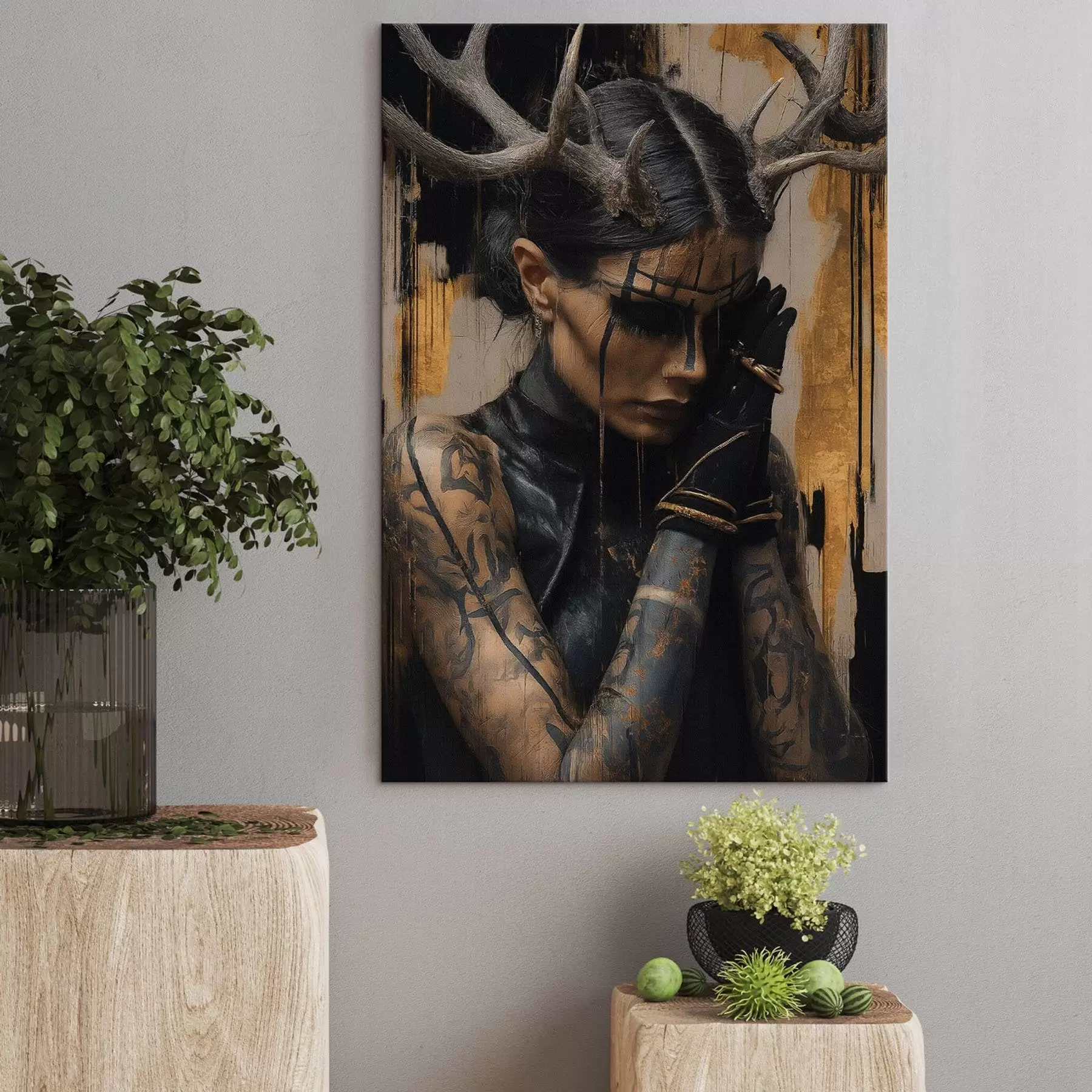  Peintures Femme avec des cornes, au regard sombre et au visage marqué de rides noires s46144