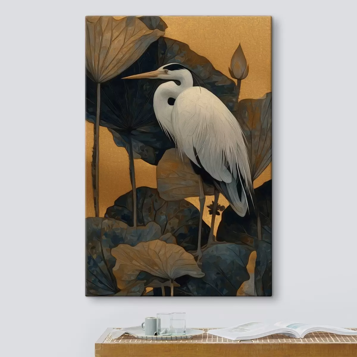  Peintures Héron blanc parmi de grandes feuilles sur un fond chaud s46147