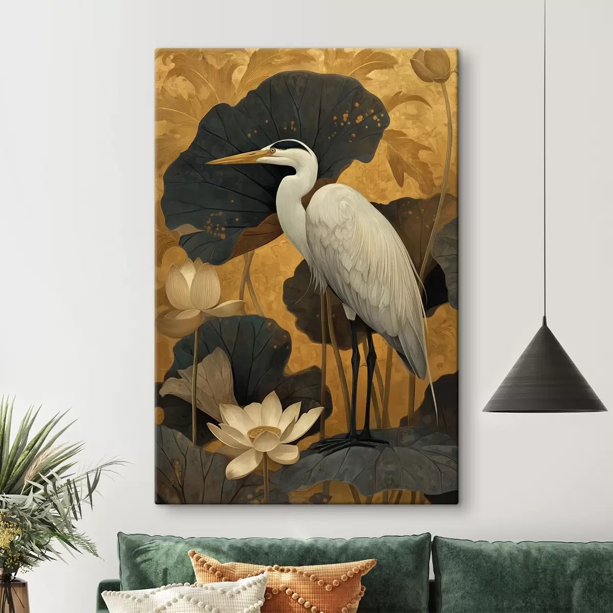  Schilderijen Reiger tussen lotusbloemen op een warme achtergrond s46148