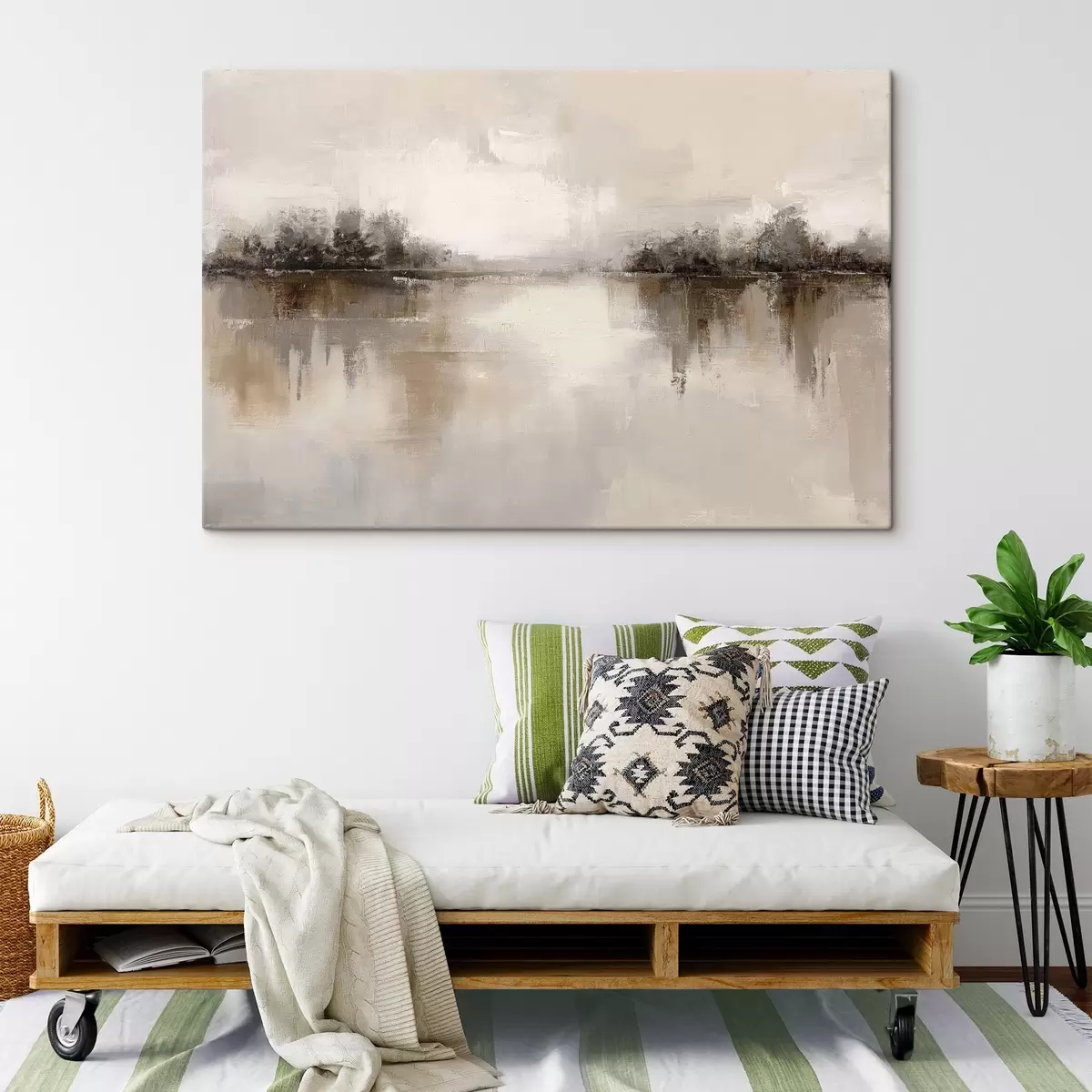  Peintures Paysage doux avec un lac dans des tons chauds beige-gris s46158