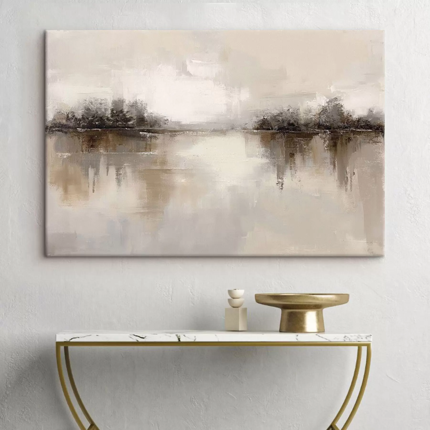  Schilderijen Zacht landschap met een meer in warme beige-grijze tinten s46158