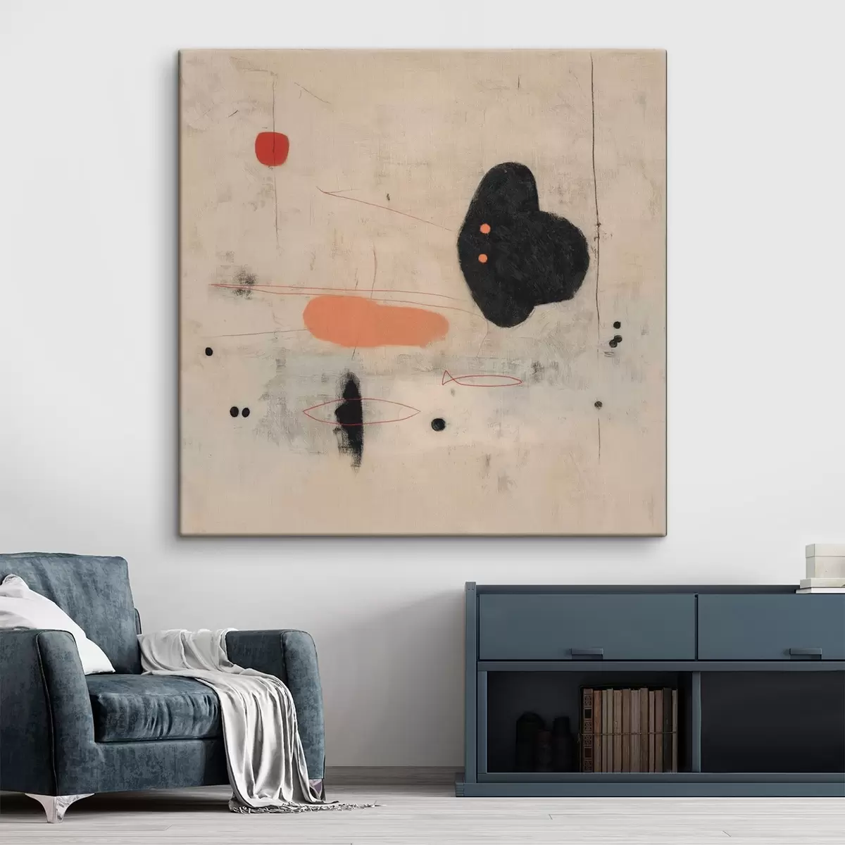  Peintures Dessin abstrait minimaliste avec des accents noirs et corail s46159