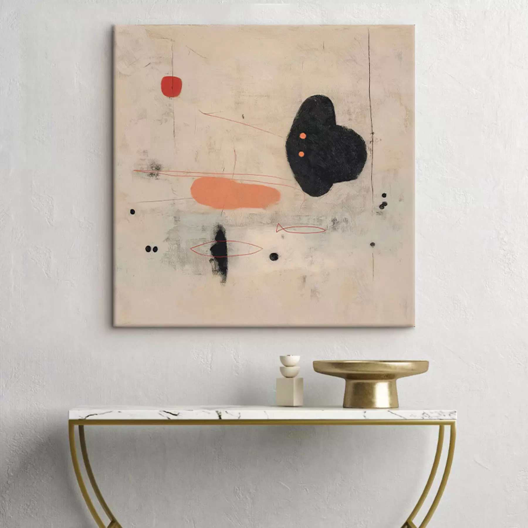  Peintures Dessin abstrait minimaliste avec des accents noirs et corail s46159