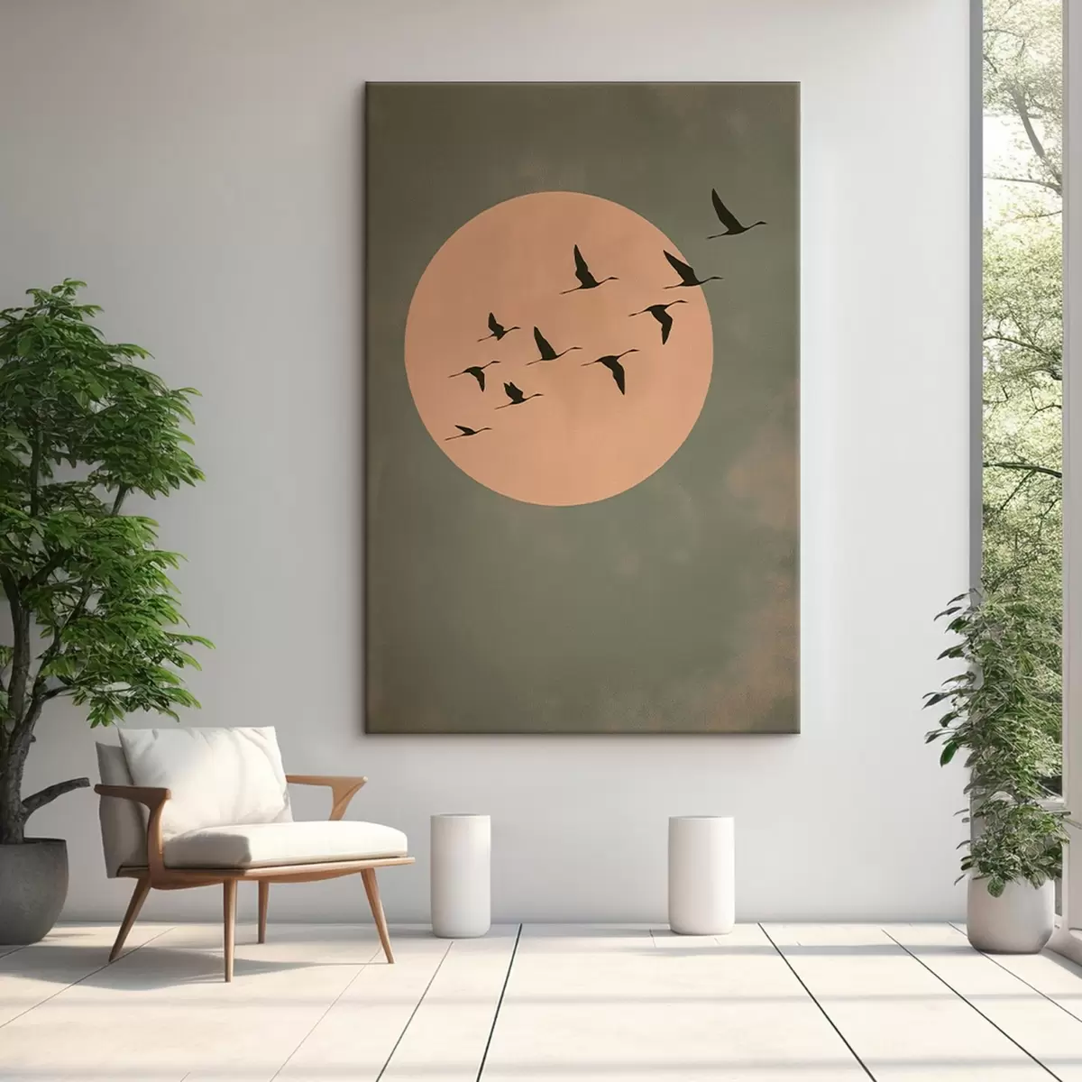  Peintures Une volée d'oiseaux volant devant une grande lune chaude s46162