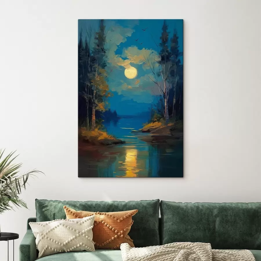  Schilderijen Maanlicht boven een kalme rivier tussen dennenbomen s46164