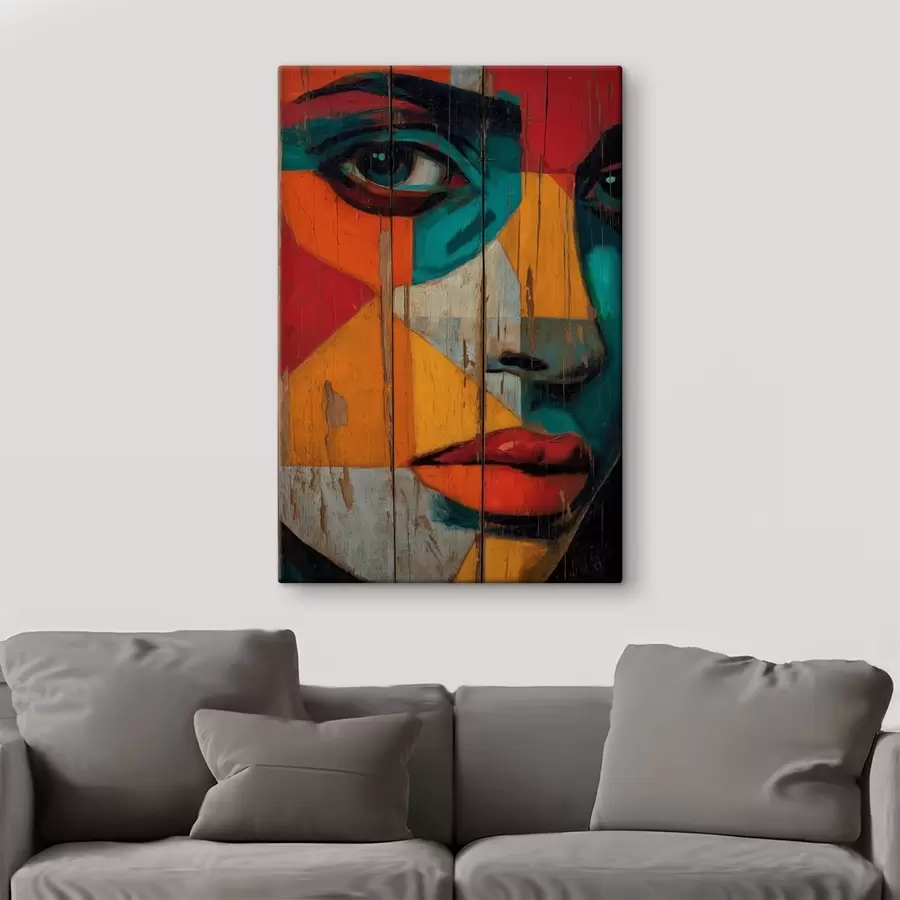  Schilderijen Helder geometrisch portret op houten planken s46165