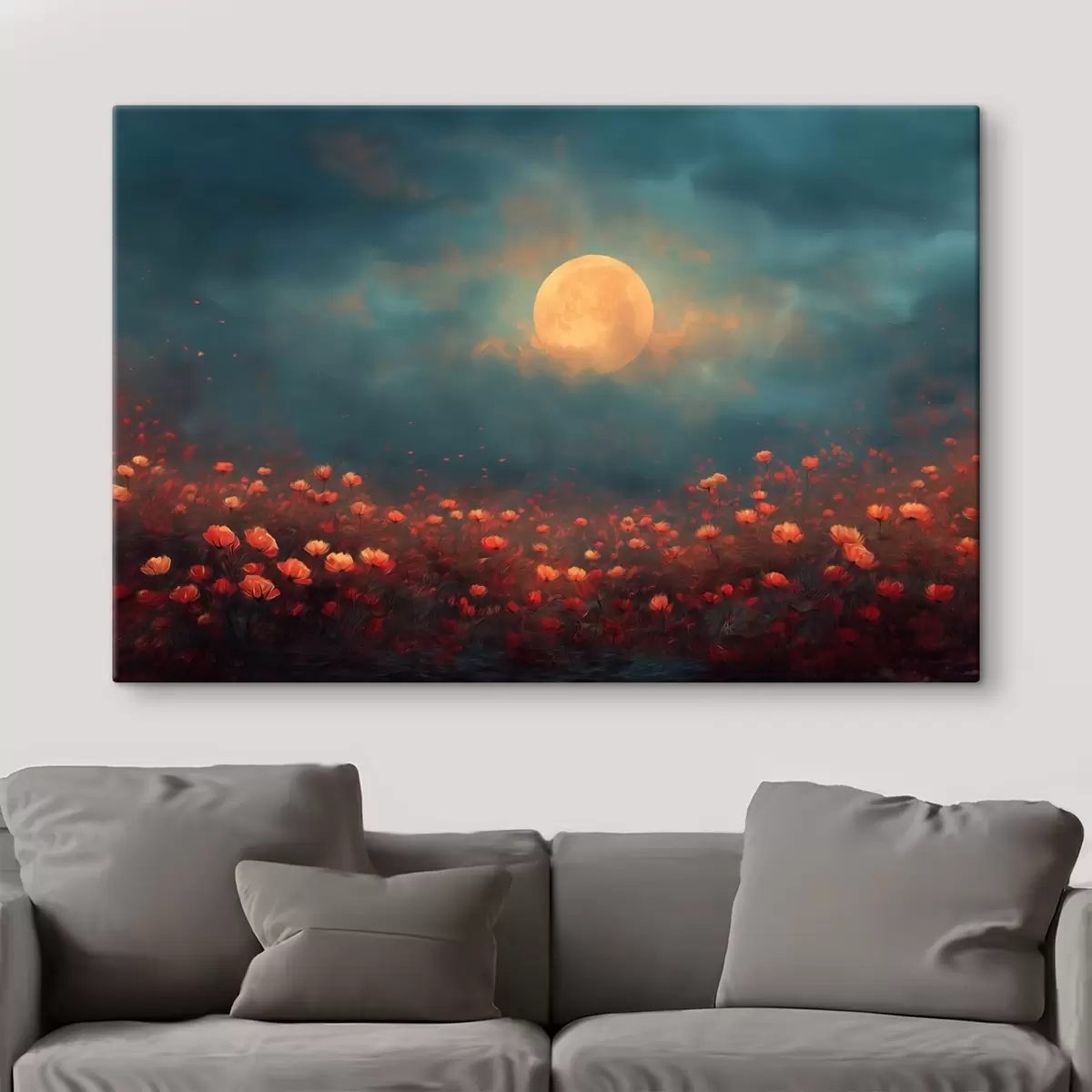  Peintures Lune au-dessus d'un champ de fleurs rouges dans un ciel brumeux au crépuscule s46167