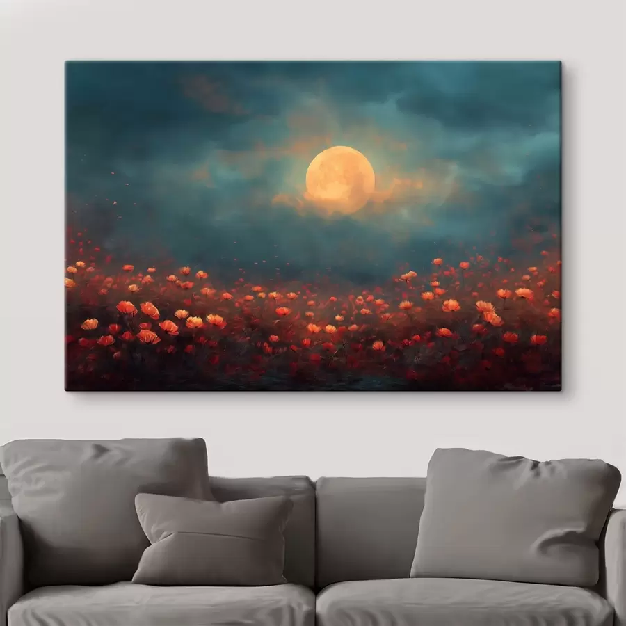 Peintures Lune au-dessus d'un champ de fleurs rouges dans un ciel brumeux au crépuscule s46167
