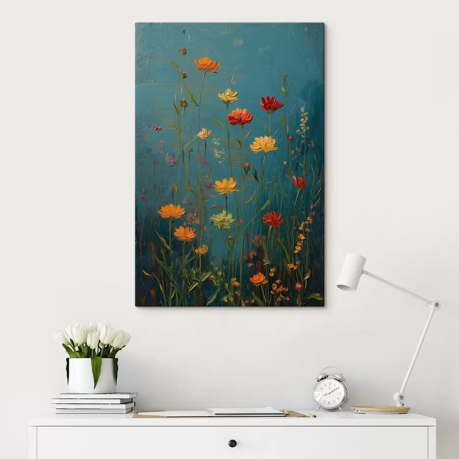  Schilderijen Wilde bloemen op een diep turquoise achtergrond s46169