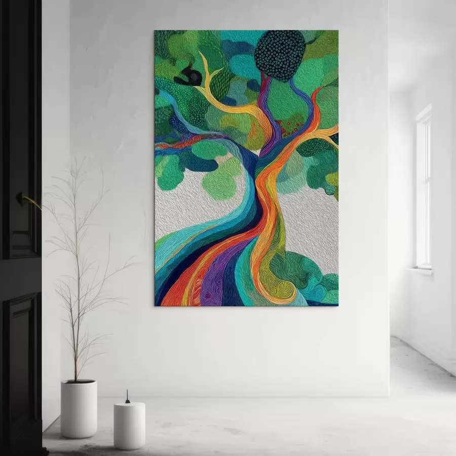  Peintures Arbre aux branches arc-en-ciel sur fond vert s46173