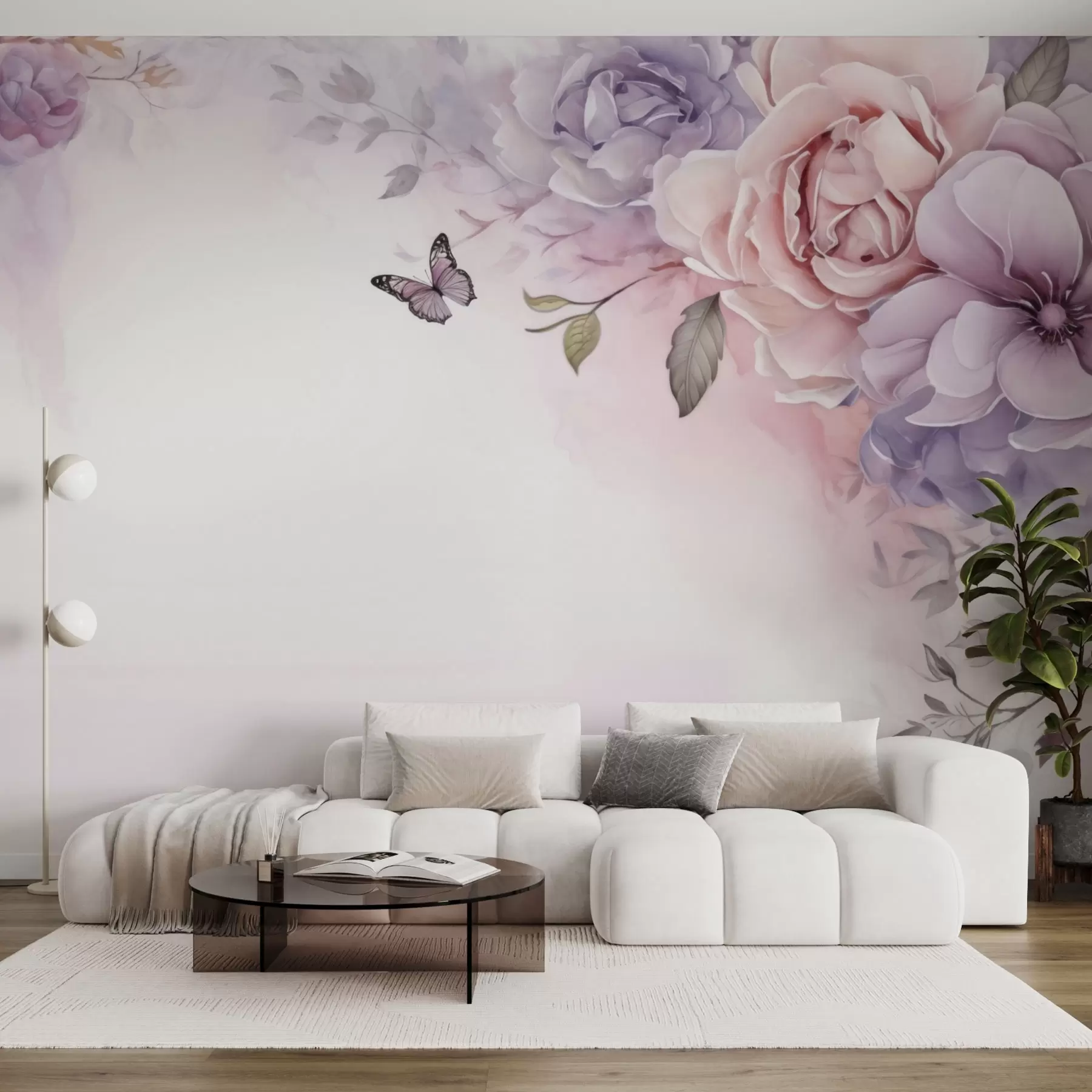 Fotobehang Delicate roze en lila bloemen met een vlinder w04711