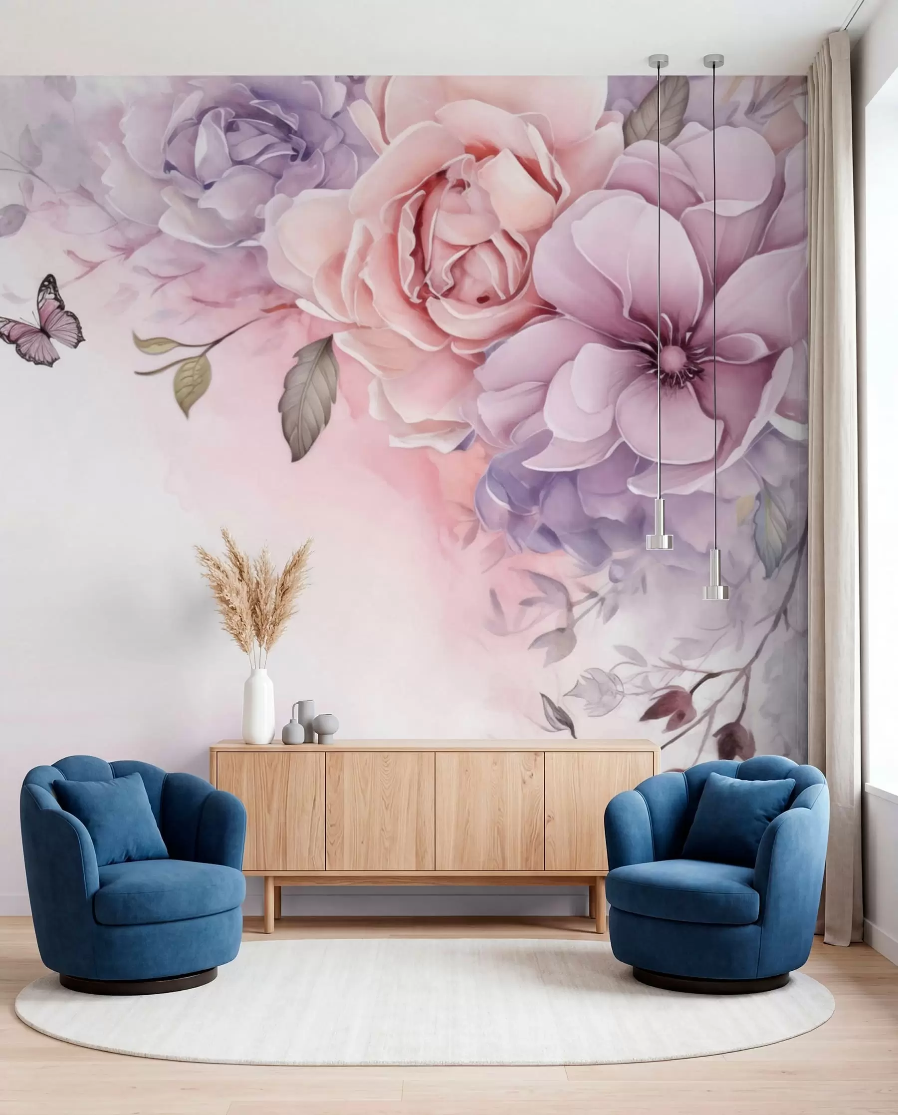 Fotobehang Vlinders en roze bloemen w04711