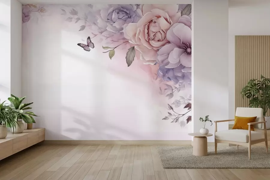 Fotobehang Delicate roze en lila bloemen met een vlinder w04711