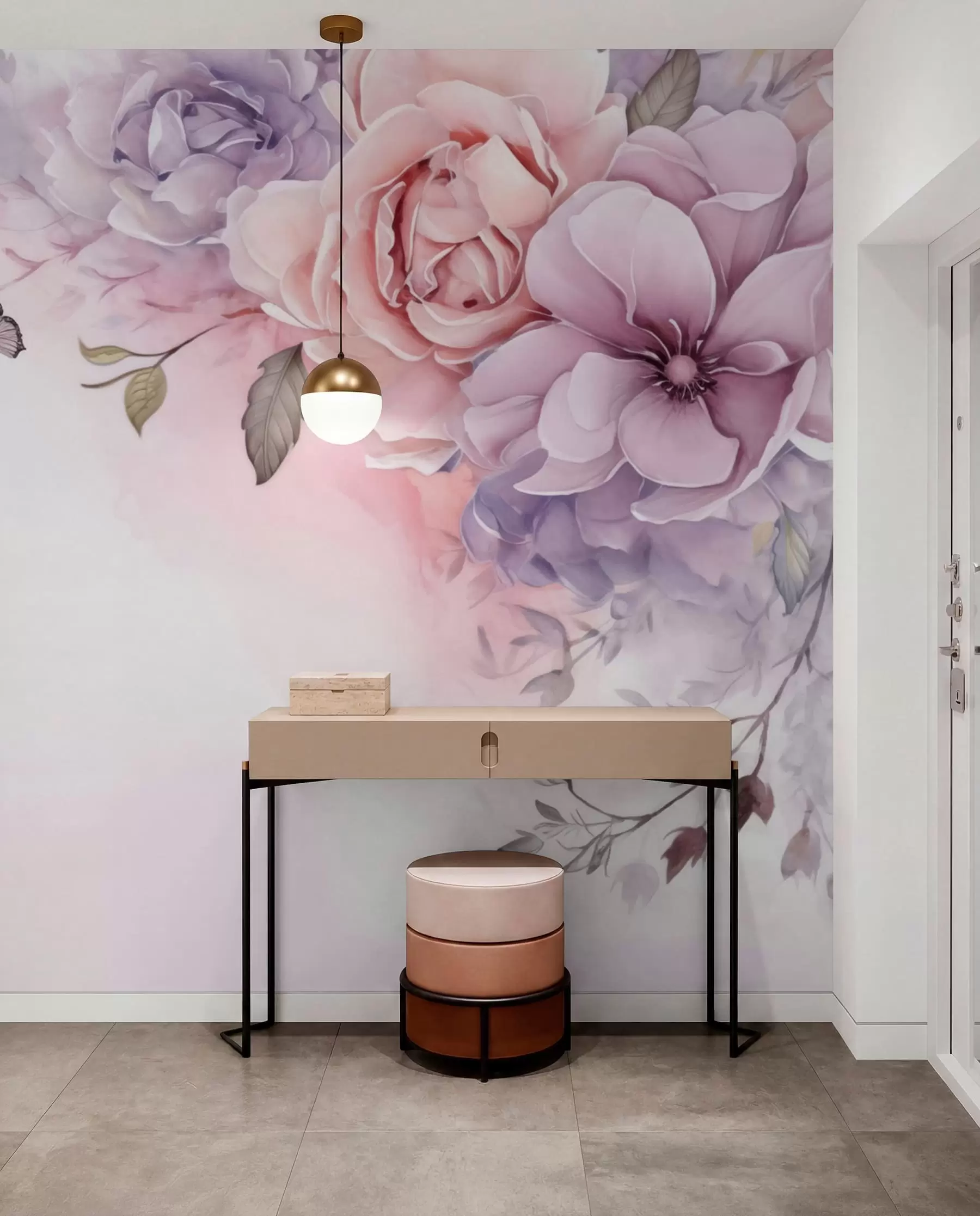 Fotobehang Delicate roze en lila bloemen met een vlinder w04711