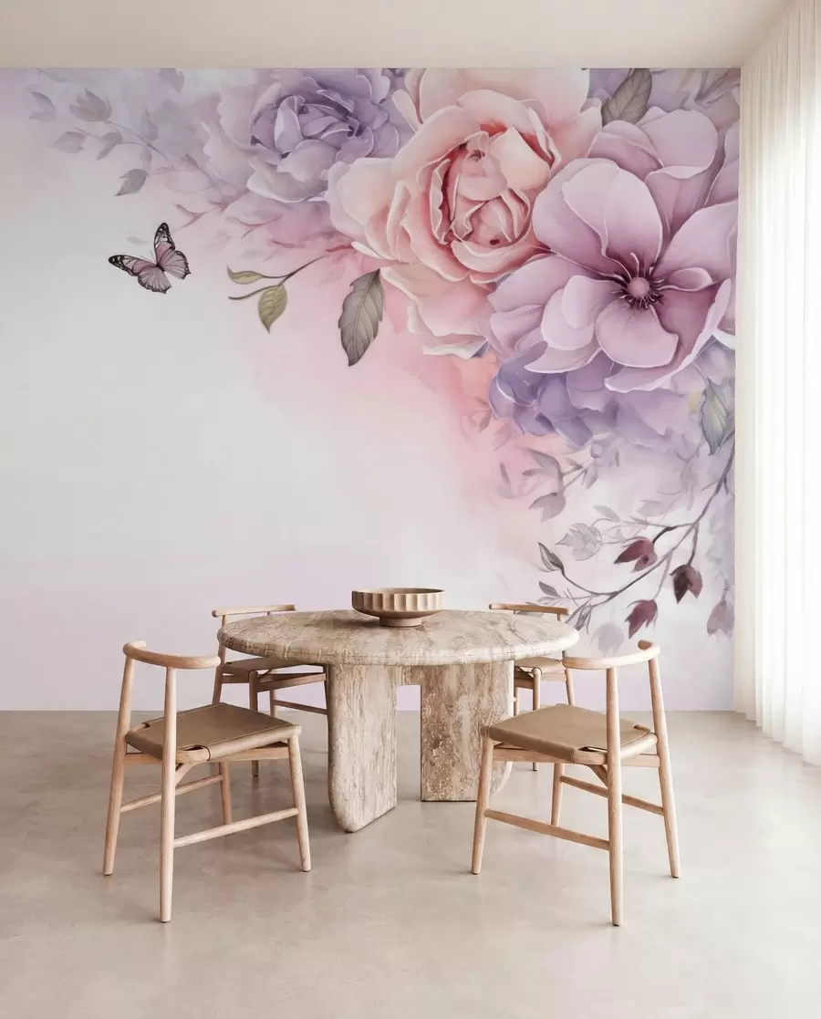 Papier peint photo Fleurs délicates roses et lilas avec un papillon w04711