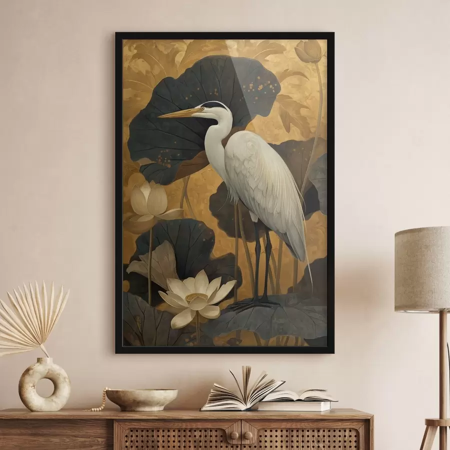 Fotobehang Reiger tussen lotusbloemen op een warme achtergrond f46148