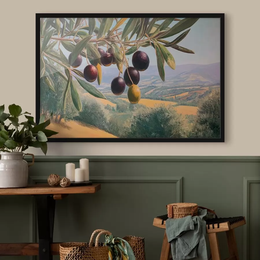 Fotobehang Olijftak met donker fruit tegen een zomerse achtergrond f46150