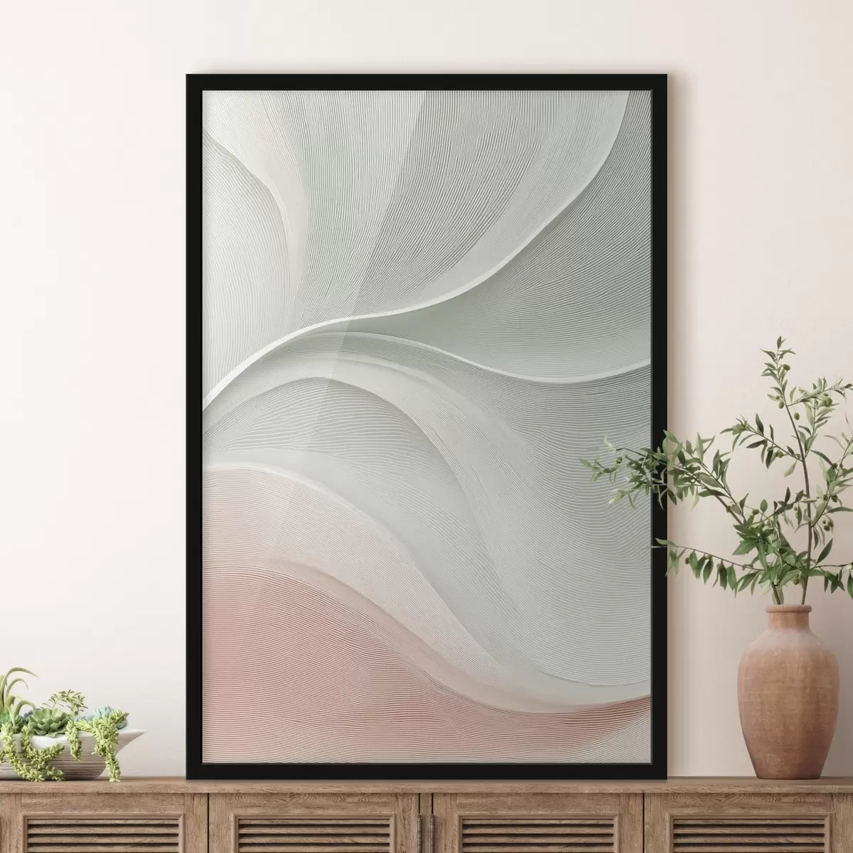 Poster Abstracte golven in warme roze-beige tinten f46152