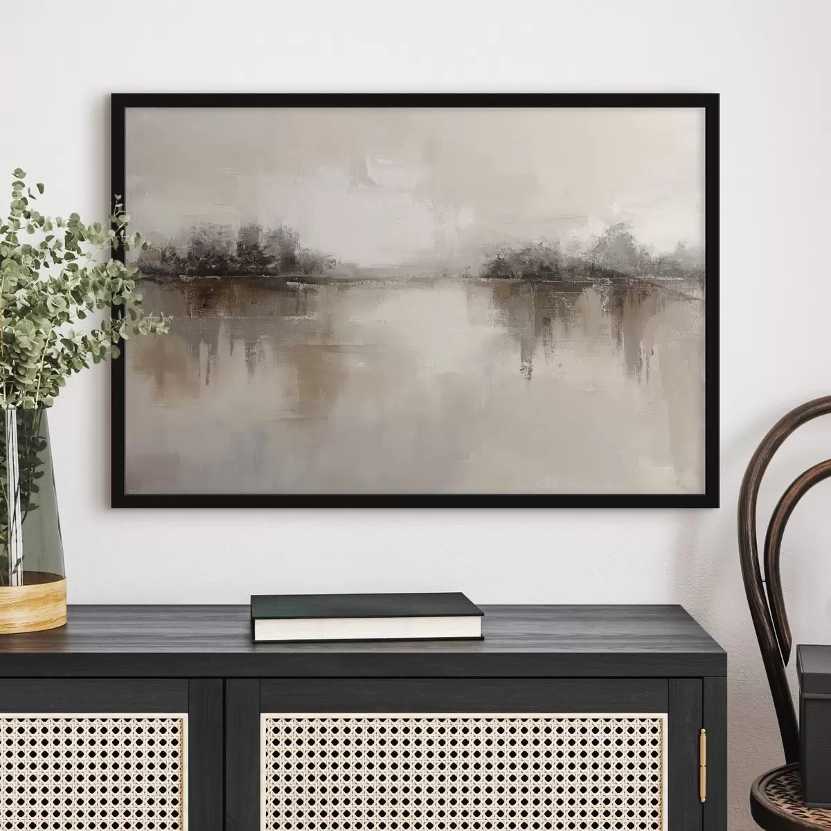 Affiche Paysage doux avec un lac dans des tons chauds beige-gris f46158