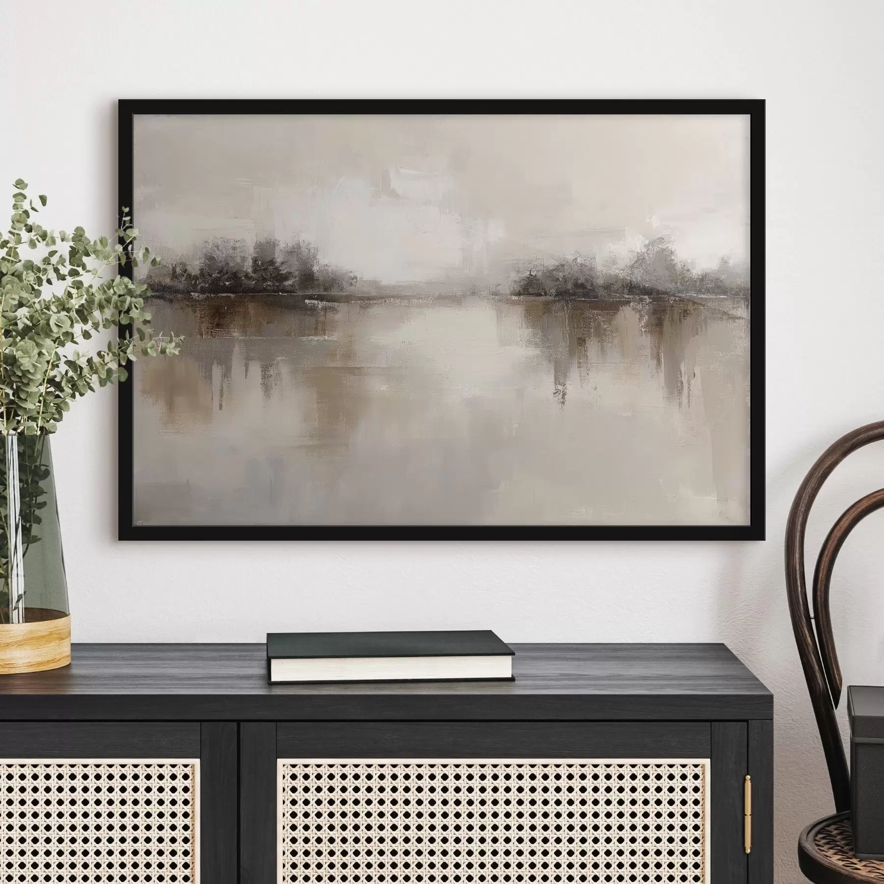 Fotobehang Zacht landschap met een meer in warme beige-grijze tinten f46158