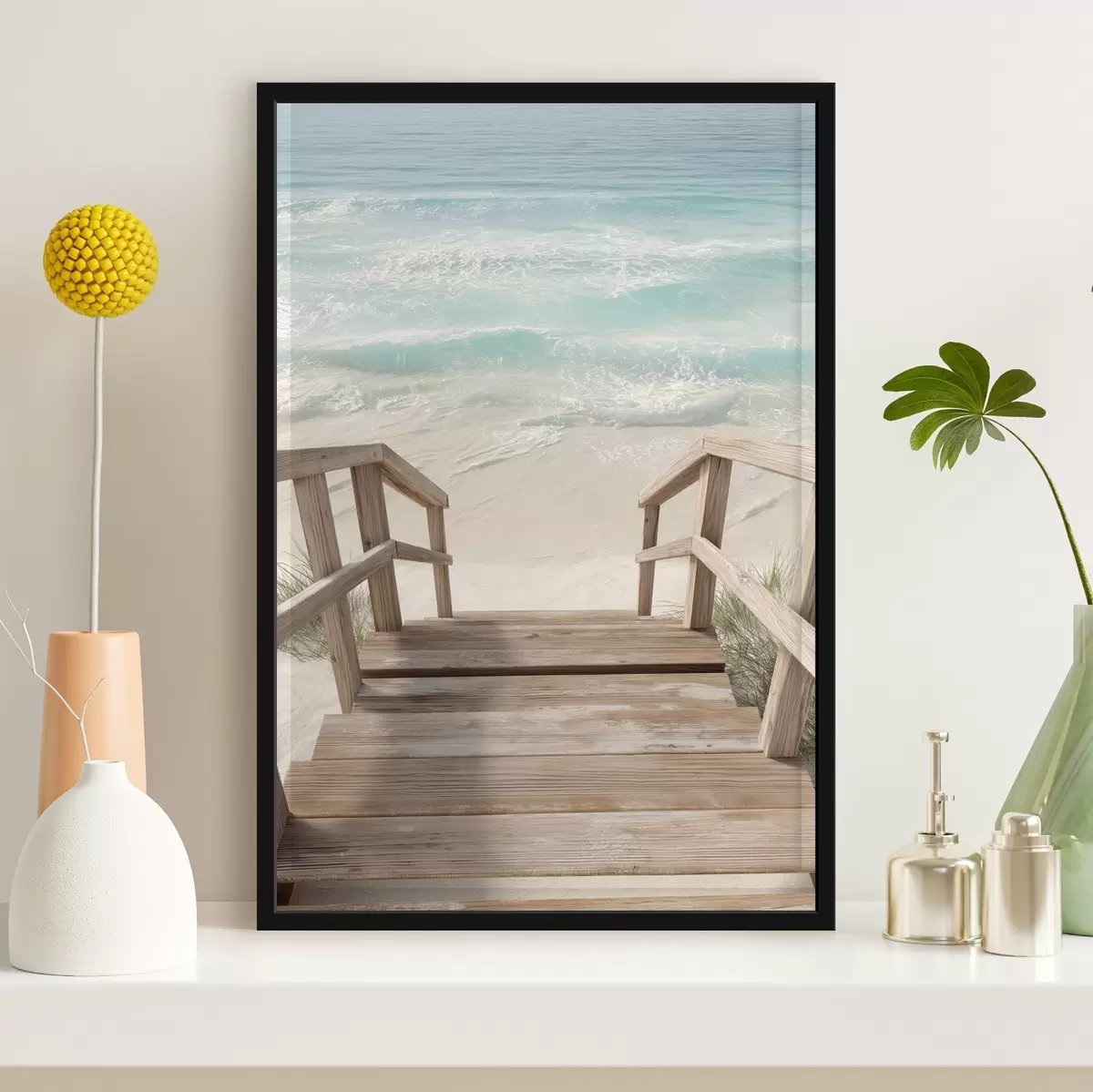 Affiche Escalier en bois menant à une plage turquoise f46163