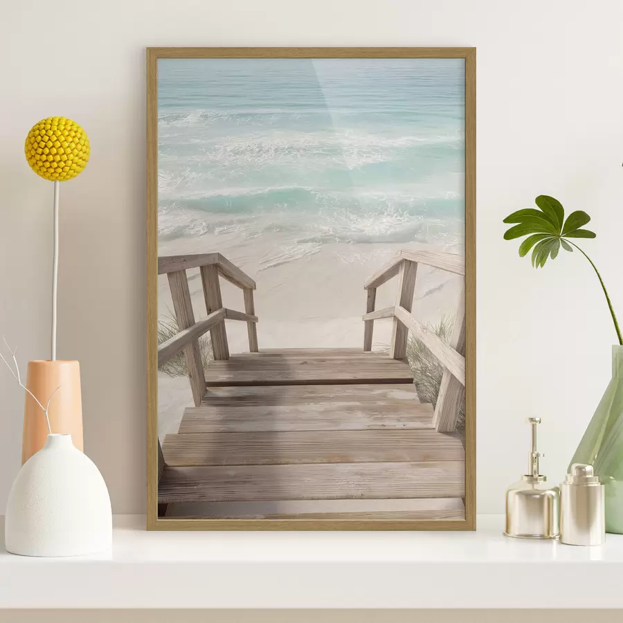 Fotobehang Houten trap die naar een turquoise strand leidt f46163