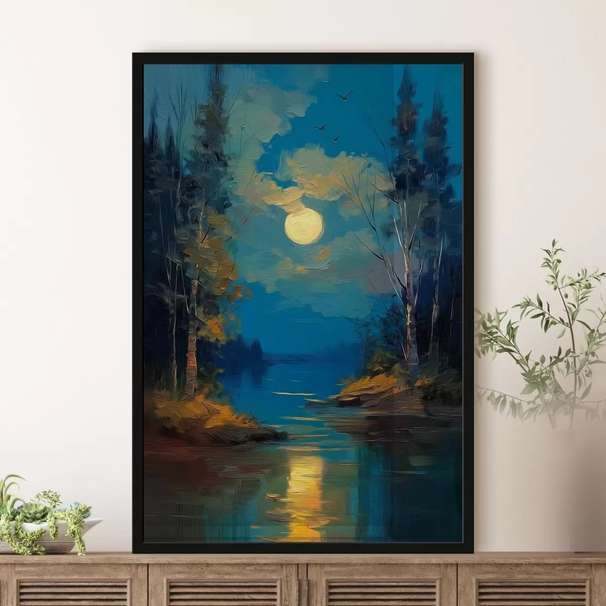 Affiche Clair de lune sur une rivière calme au milieu des pins f46164