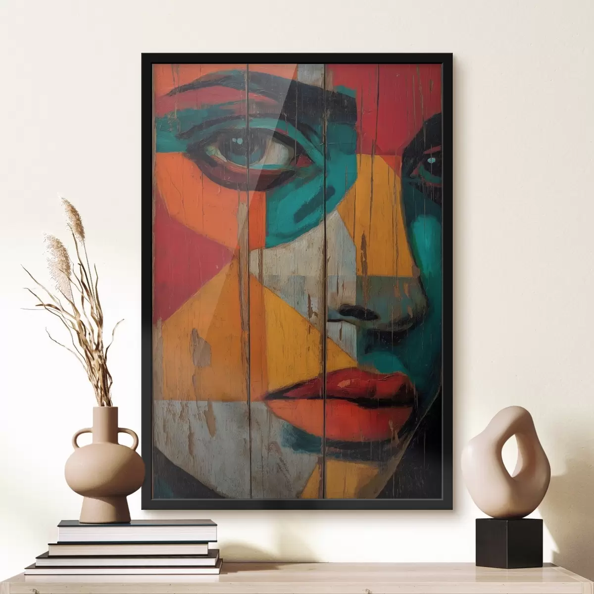 Affiche Portrait géométrique lumineux sur panneaux de bois f46165