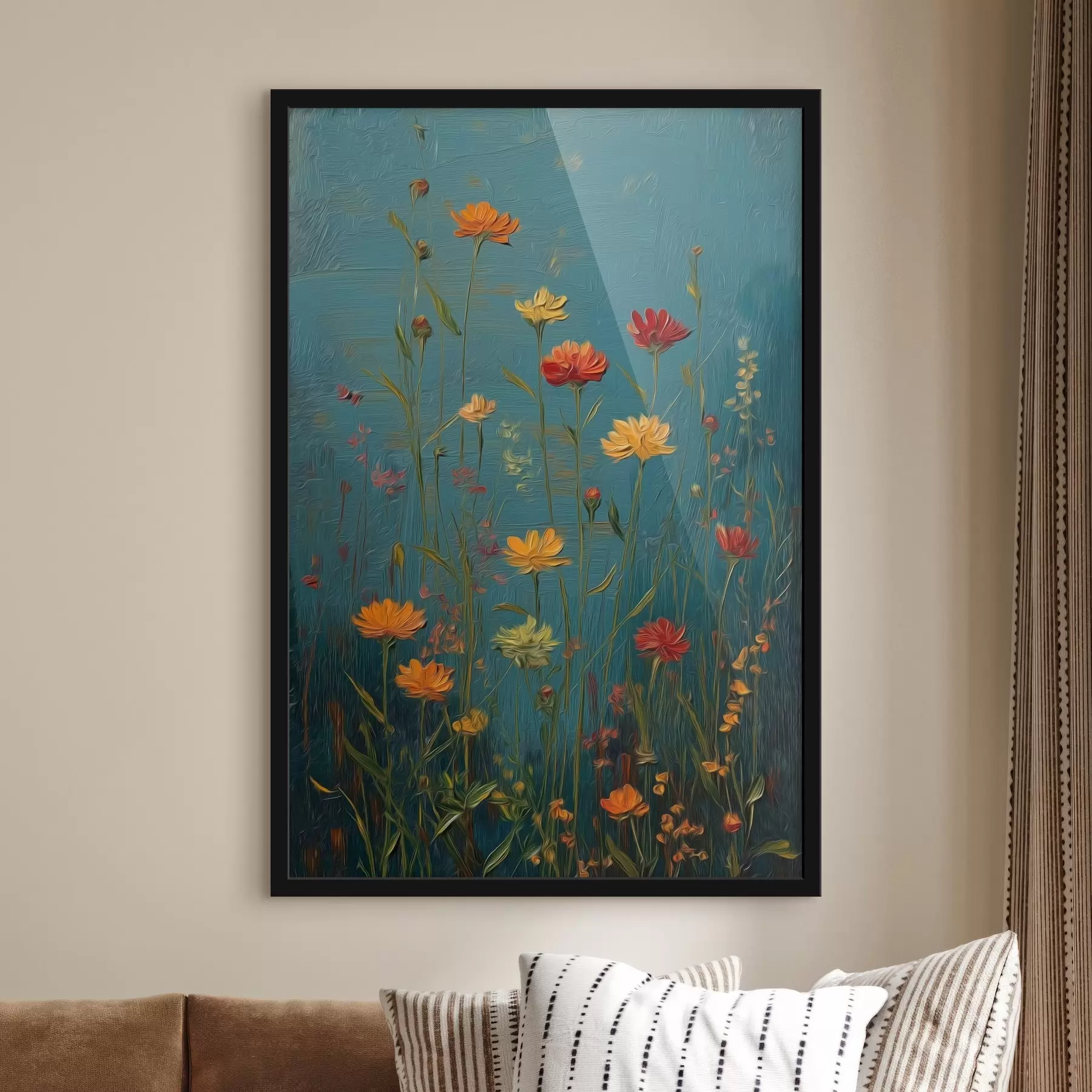 Fotobehang Wilde bloemen op een diep turquoise achtergrond f46169