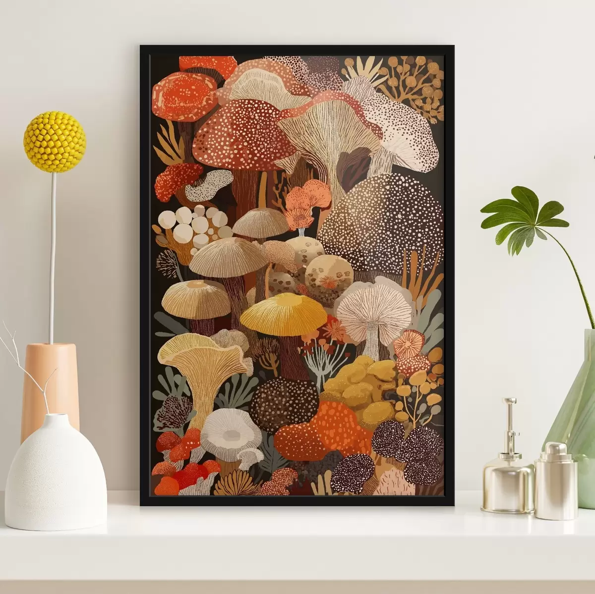 Affiche Composition de divers champignons forestiers dans des tons chauds f46170