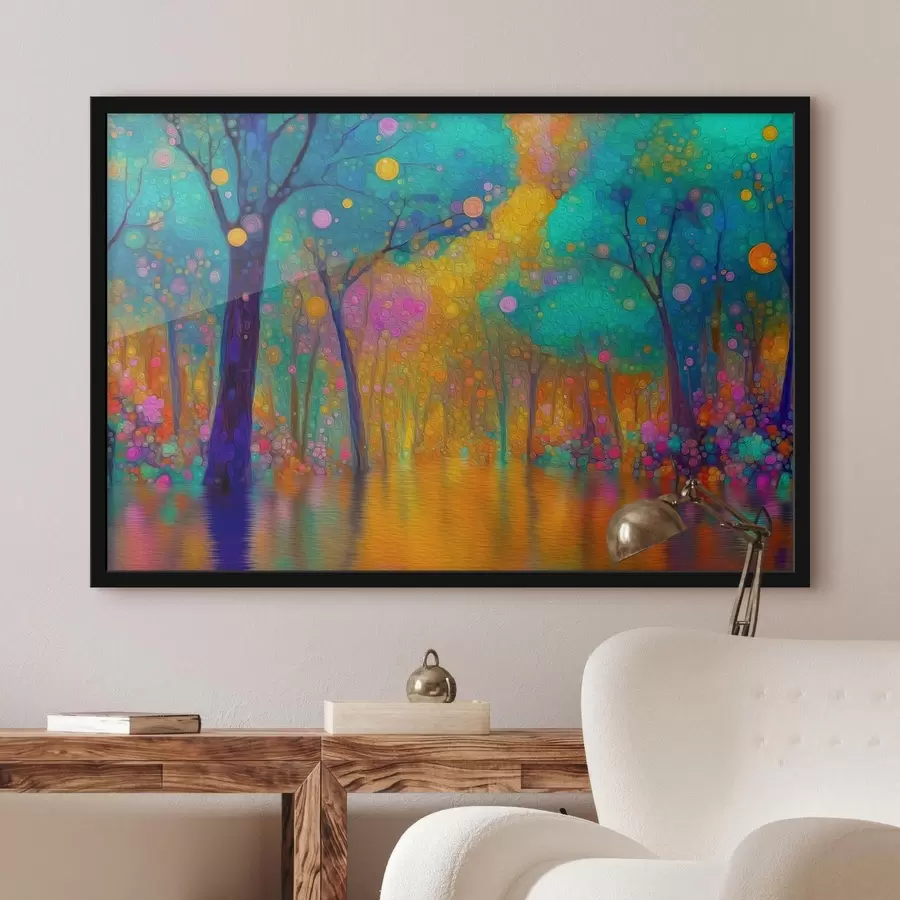 Papier peint photo Forêt fantastique aux couleurs vives avec reflets dans l'eau f46171