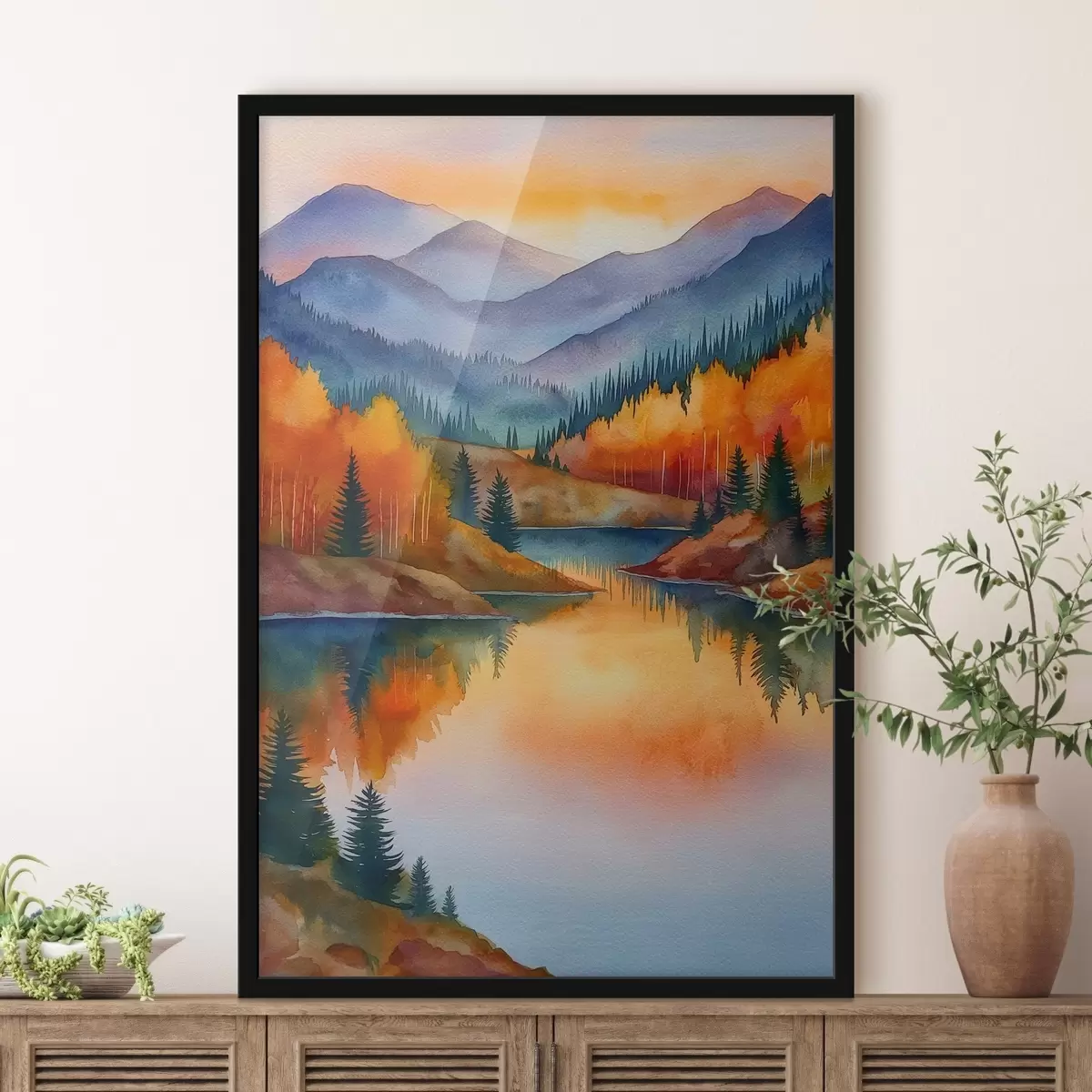 Affiche Paysage automnal avec des montagnes se reflétant dans un lac calme f46174