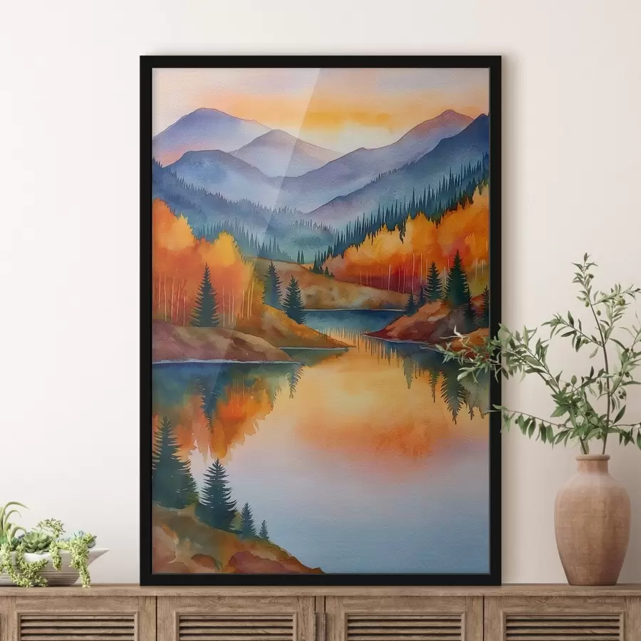 Papier peint photo Paysage automnal avec des montagnes se reflétant dans un lac calme f46174