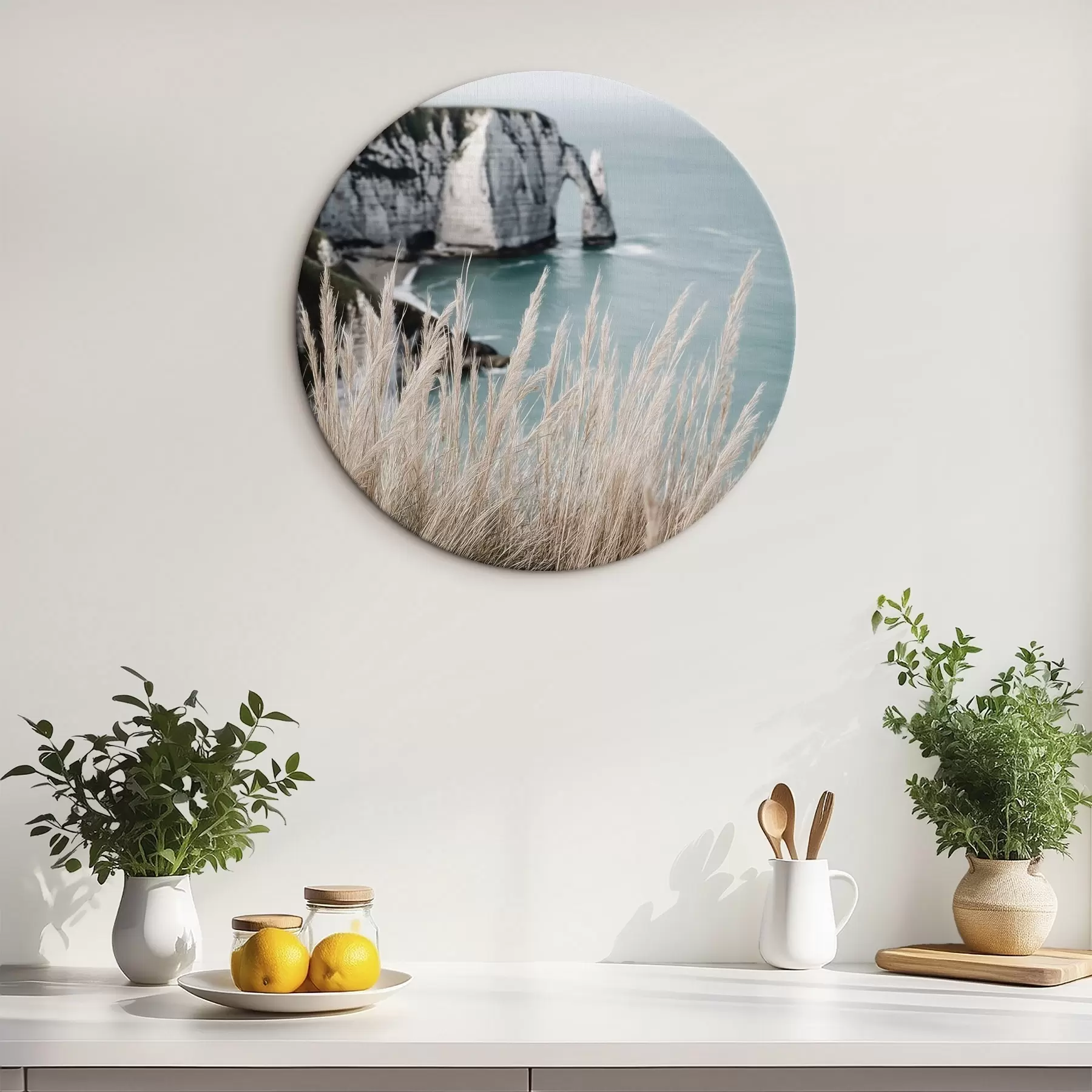  Schilderijen Zee en rotsboog, uitzicht door droog gras r46142