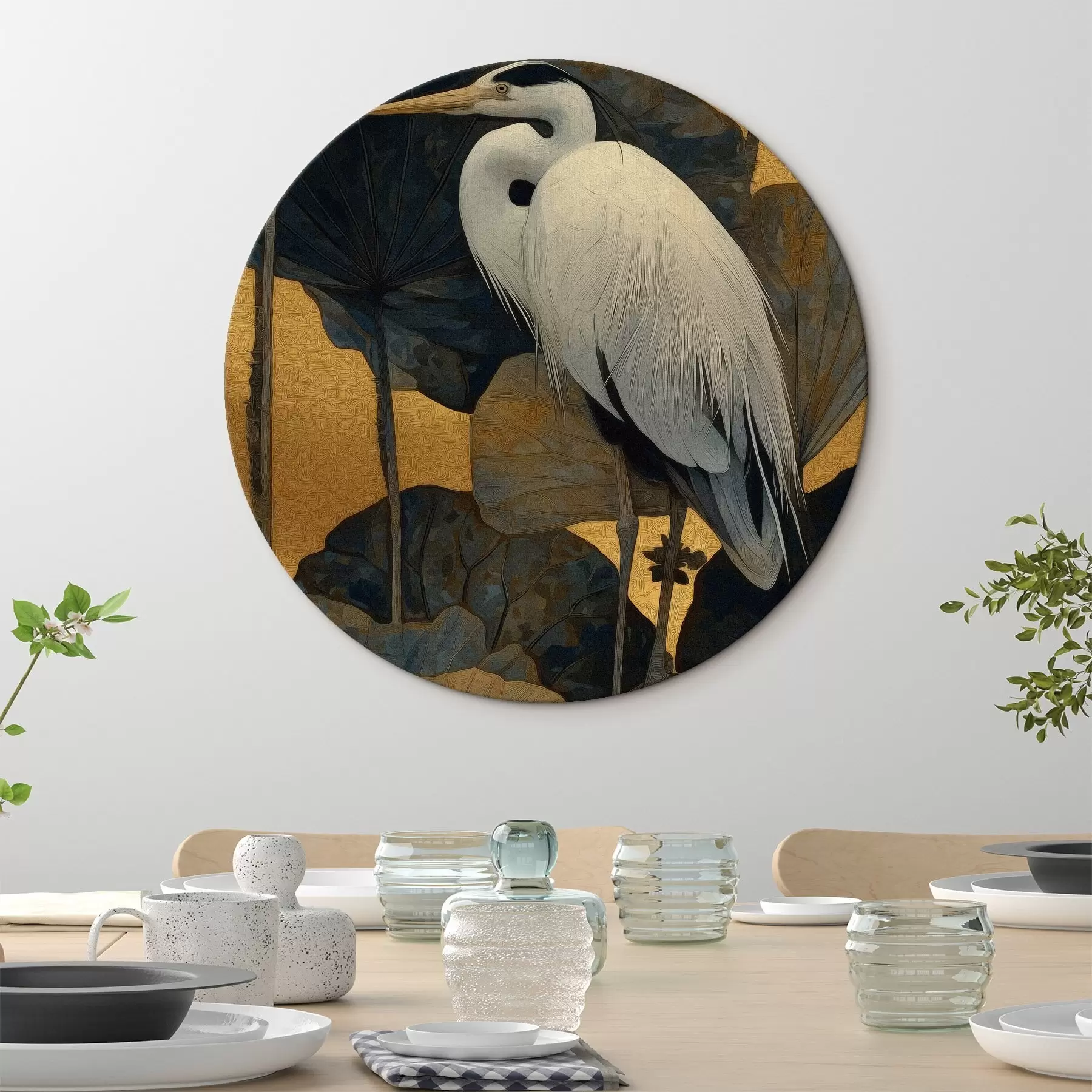  Schilderijen Witte reiger tussen grote bladeren op een warme achtergrond r46147