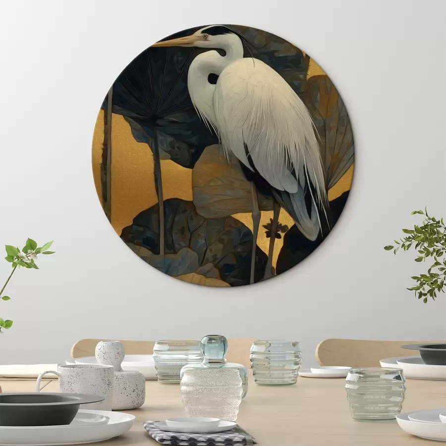  Peintures Héron blanc parmi de grandes feuilles sur un fond chaud r46147