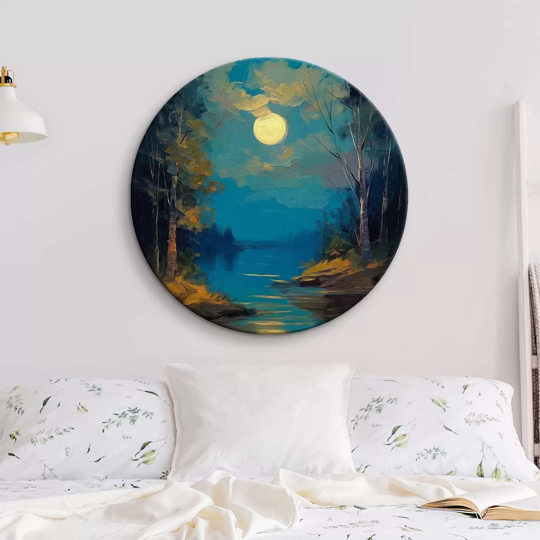  Schilderijen Maanlicht boven een kalme rivier tussen dennenbomen r46164