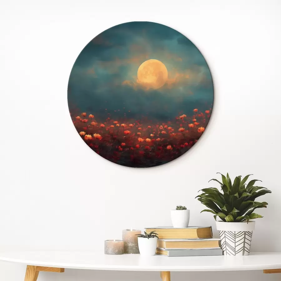  Schilderijen Maan boven een veld met rode bloemen in een mistige avondhemel r46167