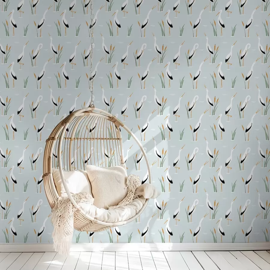 Fotobehang Reigers tussen het riet op een zachte blauwe achtergrond a00650v1