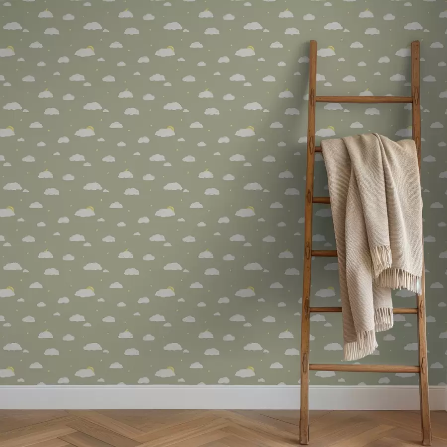 Papier peint photo Nuages cotonneux, étoiles et soleil sur fond gris verdâtre a00652v1