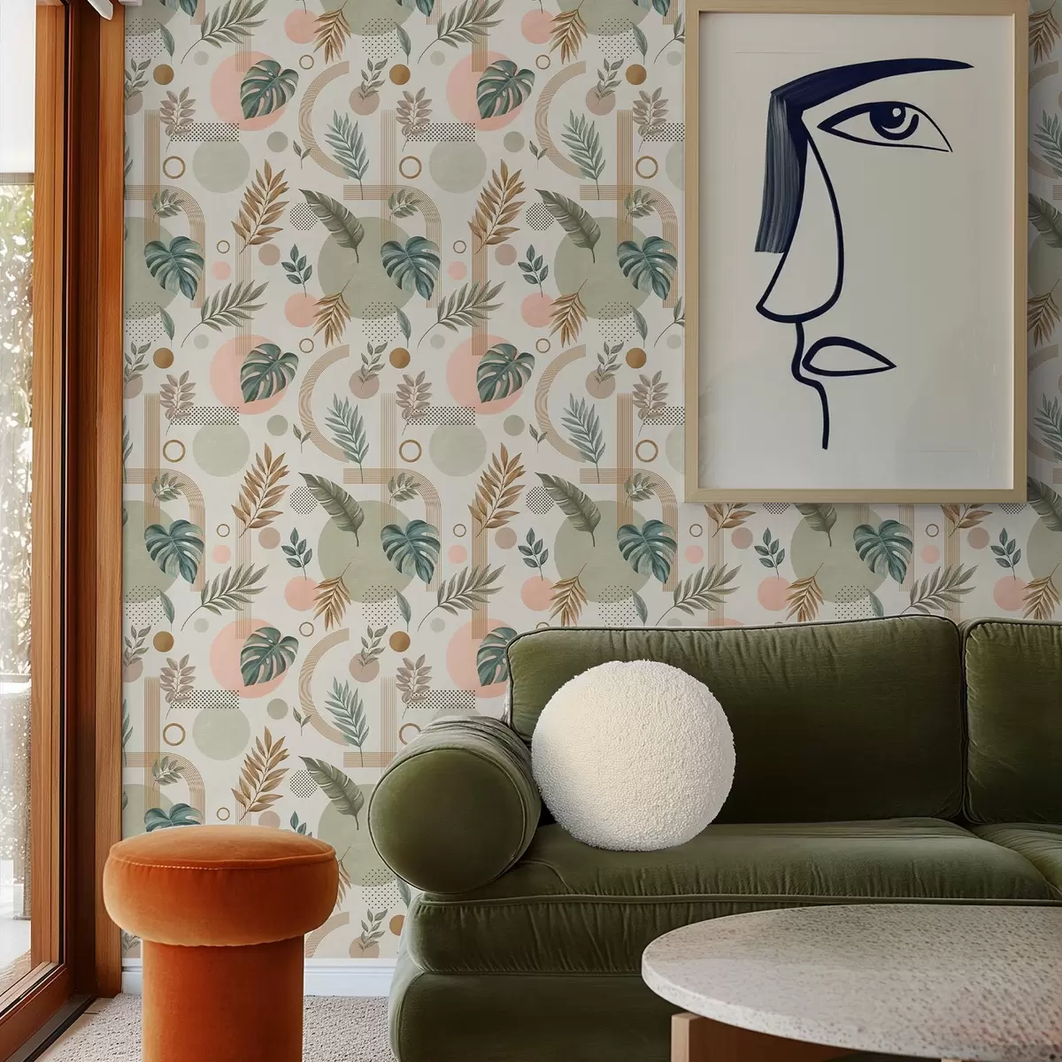 Behang Bladeren en geometrische vormen in rustige, warme tinten a00677