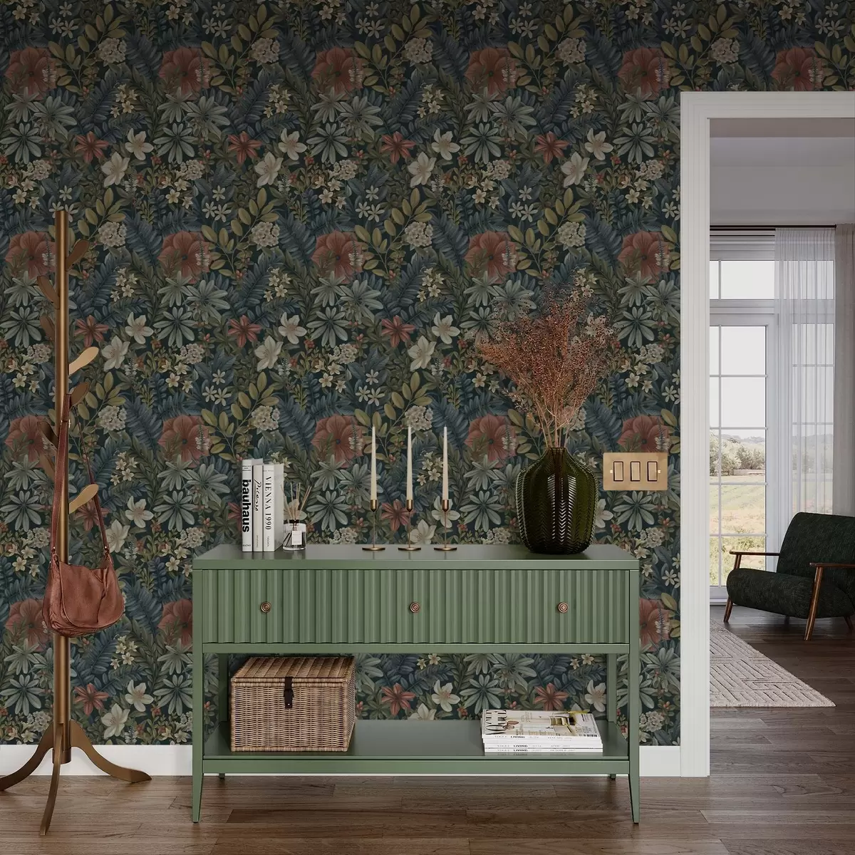 Behang Donkere achtergrond met dichte bloemen en bladeren in warme tinten a00678