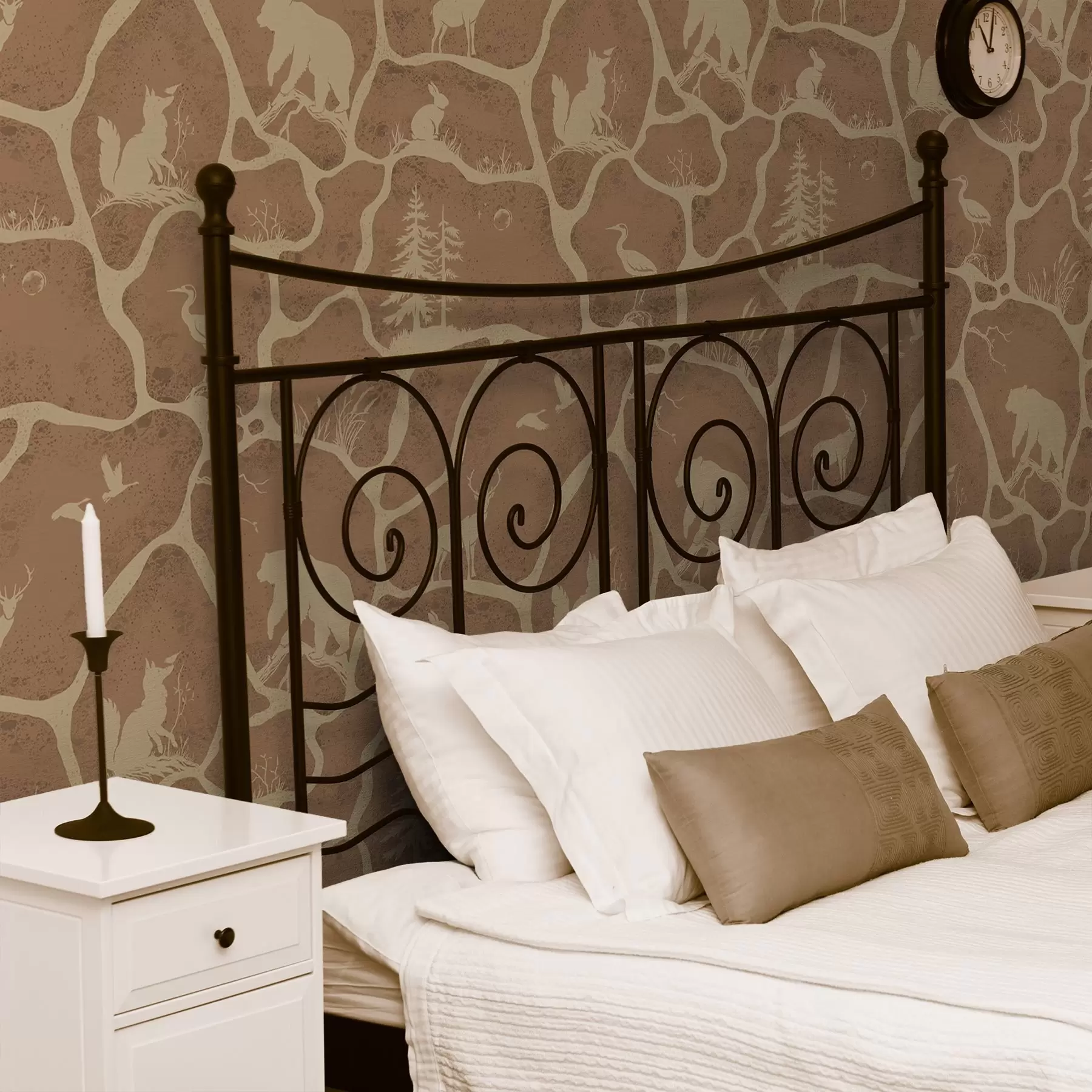 Fotobehang Silhouetten van dieren en bomen in een natuurlijk landschap met steentextuur a00727