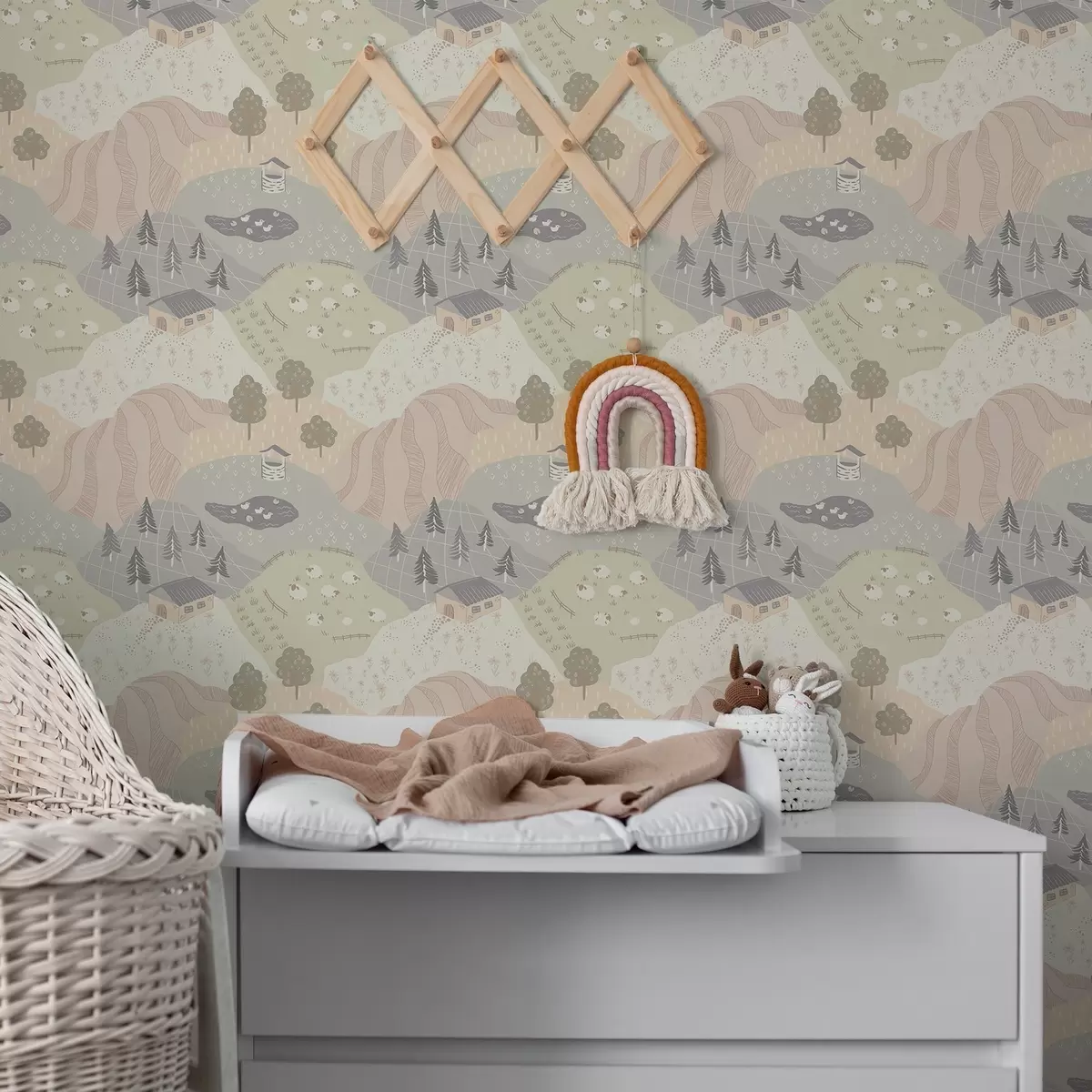 Behang Sprookjesachtig landschap met bomen, ganzen en schapen a00728