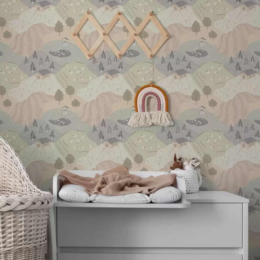 Fotobehang Sprookjesachtig landschap met bomen, ganzen en schapen a00728