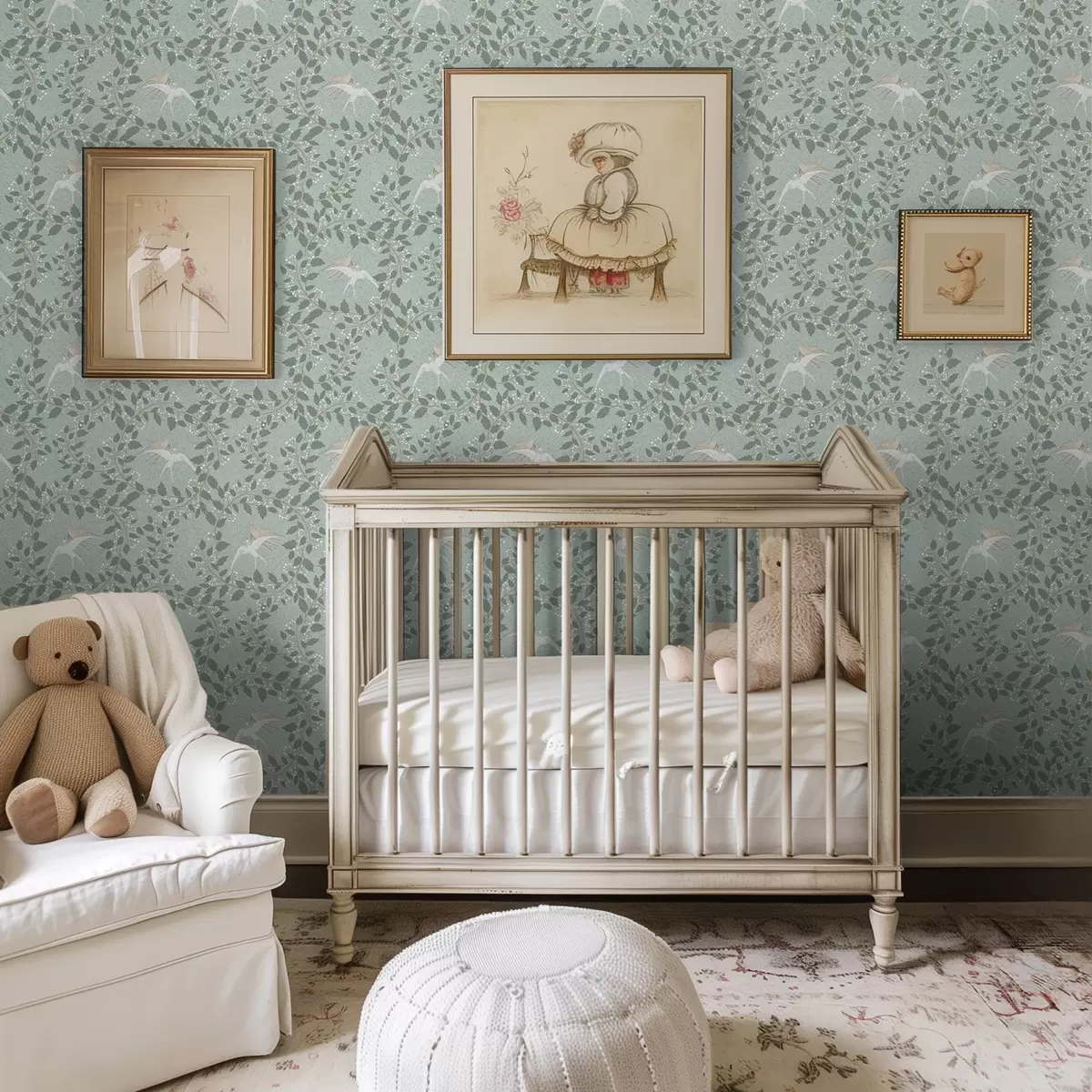 Behang Takken met witte bessen en vogels op een groene achtergrond a00731