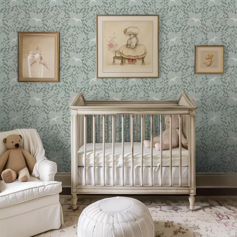 Fotobehang Takken met witte bessen en vogels op een groene achtergrond a00731